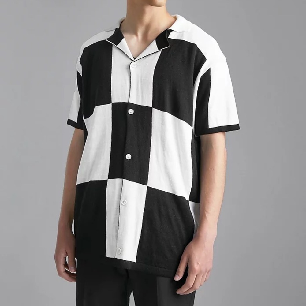 Boohoo Man Two Tone Checkered Knit Button Up TShirt black and white Large